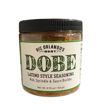 Latino style seasoning jar with black lid.
