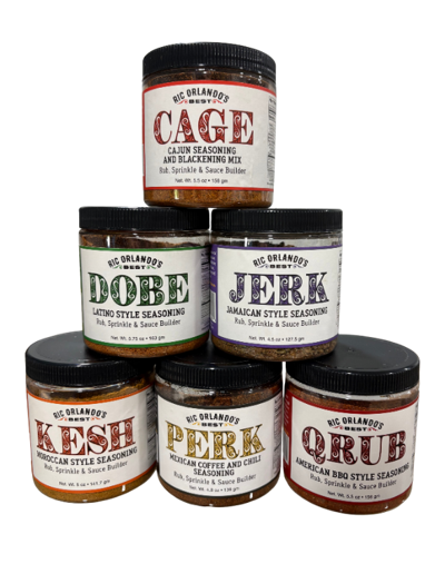 Six jars of assorted style seasonings.