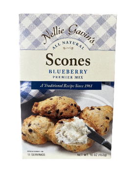 Blueberry scone mix package with baked scones.
